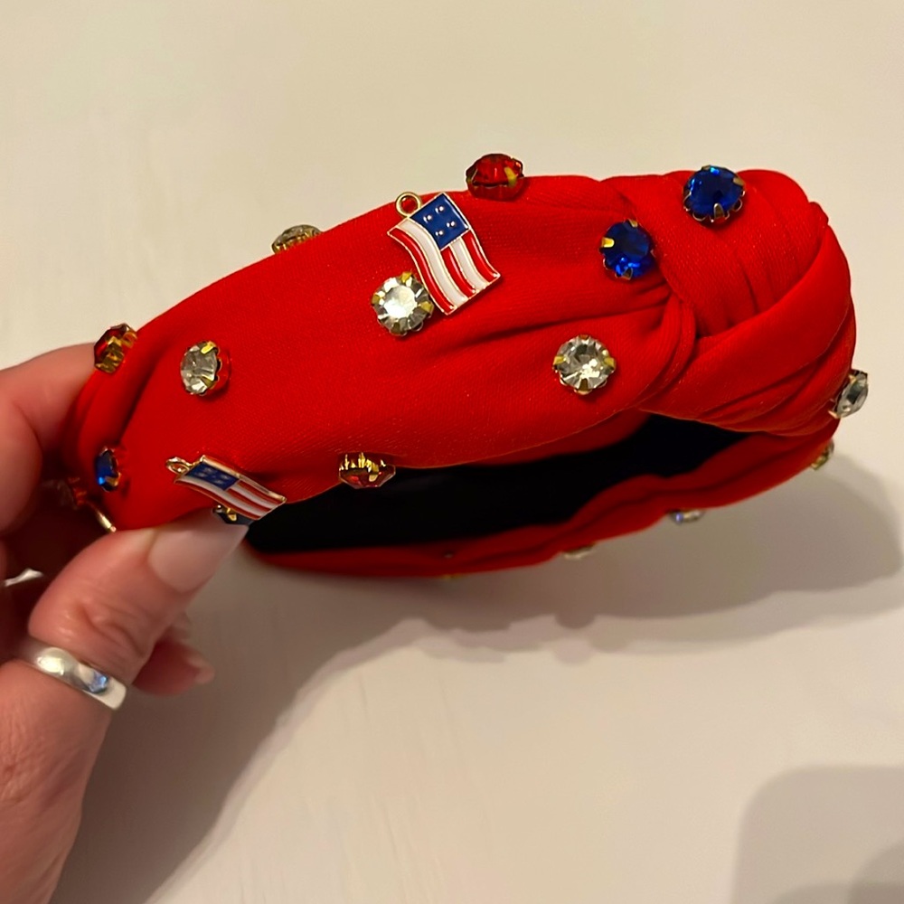 RED American Flag Headband with Rhinestones and flag pins OS